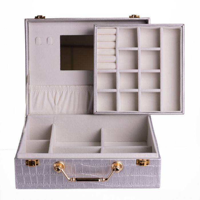 Скринька для прикрас з еко шкіри 19 відділень з дзеркалом 23.5×14×8 см Сірий HP-5-20G (HP-5-20G) - изображение 4