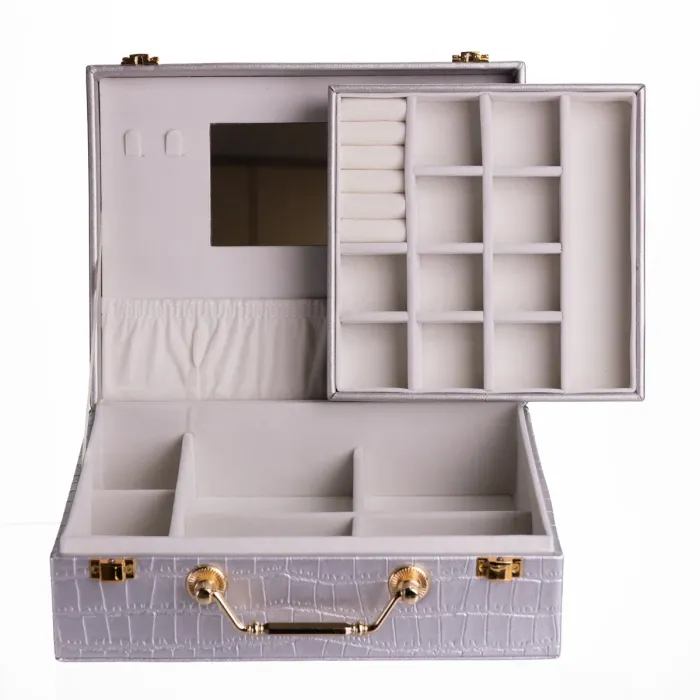 Скринька для прикрас з еко шкіри 19 відділень з дзеркалом 23.5×14×8 см Сірий HP-5-20G (HP-5-20G) - изображение 4