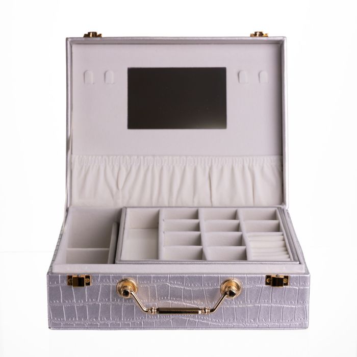 Скринька для прикрас з еко шкіри 19 відділень з дзеркалом 23.5×14×8 см Сірий HP-5-20G (HP-5-20G) - изображение 5