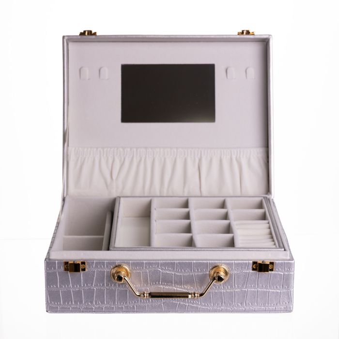 Скринька для прикрас з еко шкіри 19 відділень з дзеркалом 23.5×14×8 см Сірий HP-5-20G (HP-5-20G) - изображение 6