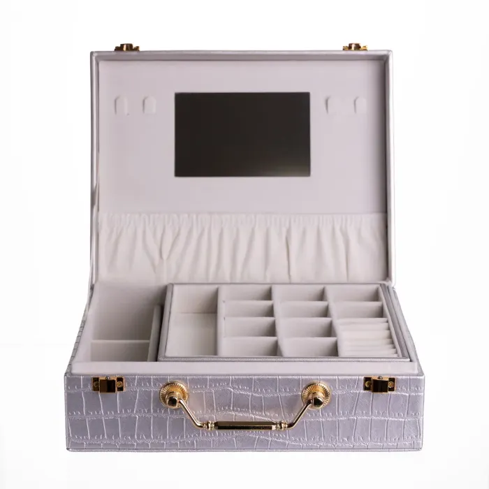 Скринька для прикрас з еко шкіри 19 відділень з дзеркалом 23.5×14×8 см Сірий HP-5-20G (HP-5-20G) - изображение 6