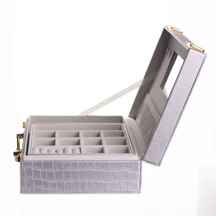 Скринька для прикрас з еко шкіри 19 відділень з дзеркалом 23.5×14×8 см Сірий HP-5-20G (HP-5-20G) - изображение 7