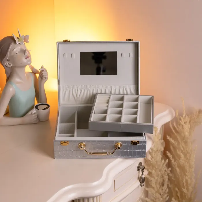 Скринька для прикрас з еко шкіри 19 відділень з дзеркалом 23.5×14×8 см Сірий HP-5-20G (HP-5-20G) - изображение 9