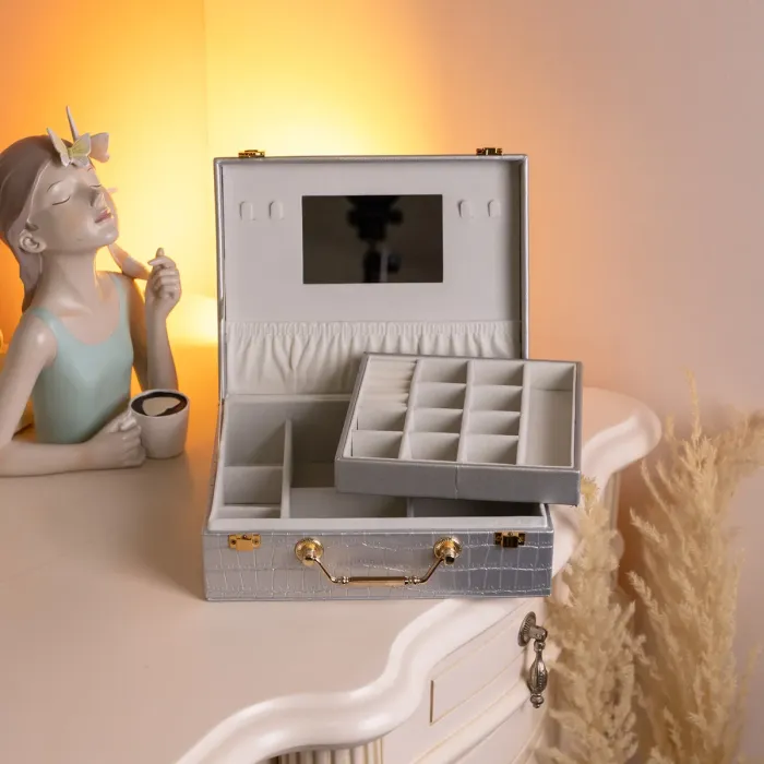 Скринька для прикрас з еко шкіри 19 відділень з дзеркалом 23.5×14×8 см Сірий HP-5-20G (HP-5-20G) - изображение 10