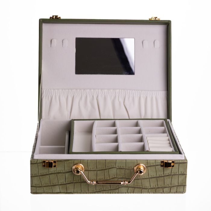 Скринька для прикрас з еко шкіри 19 відділень з дзеркалом 23.5×14×8 см Зелений HP-5-20GR (HP-5-20GR) - изображение 2