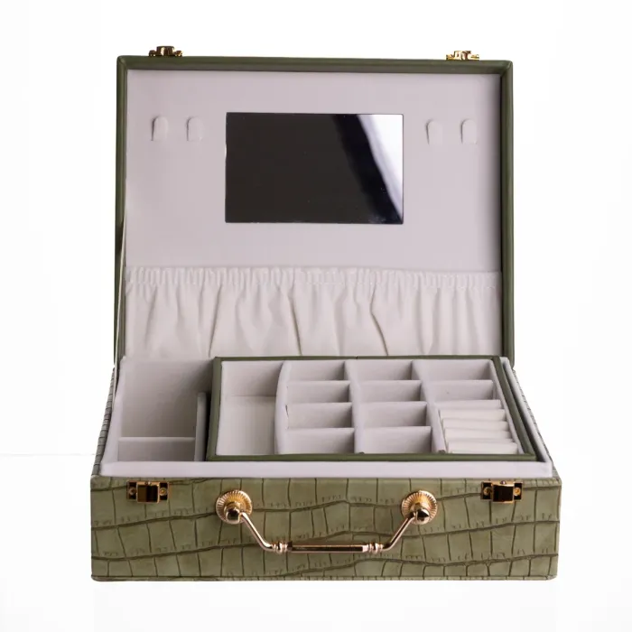 Скринька для прикрас з еко шкіри 19 відділень з дзеркалом 23.5×14×8 см Зелений HP-5-20GR (HP-5-20GR) - зображення 2