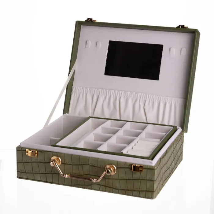 Скринька для прикрас з еко шкіри 19 відділень з дзеркалом 23.5×14×8 см Зелений HP-5-20GR (HP-5-20GR) - зображення 3