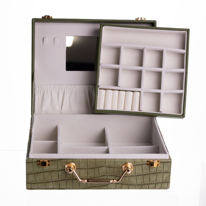 Скринька для прикрас з еко шкіри 19 відділень з дзеркалом 23.5×14×8 см Зелений HP-5-20GR (HP-5-20GR) - изображение 4