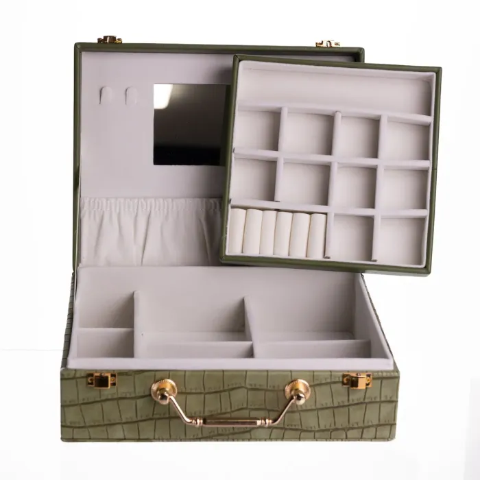 Скринька для прикрас з еко шкіри 19 відділень з дзеркалом 23.5×14×8 см Зелений HP-5-20GR (HP-5-20GR) - зображення 4
