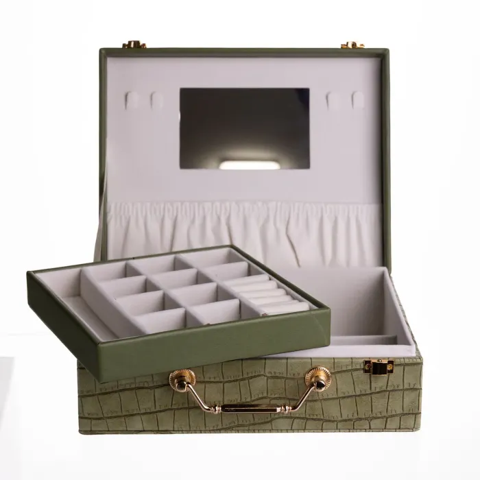 Скринька для прикрас з еко шкіри 19 відділень з дзеркалом 23.5×14×8 см Зелений HP-5-20GR (HP-5-20GR) - зображення 5