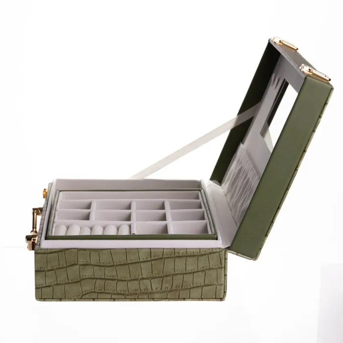 Скринька для прикрас з еко шкіри 19 відділень з дзеркалом 23.5×14×8 см Зелений HP-5-20GR (HP-5-20GR) - зображення 6