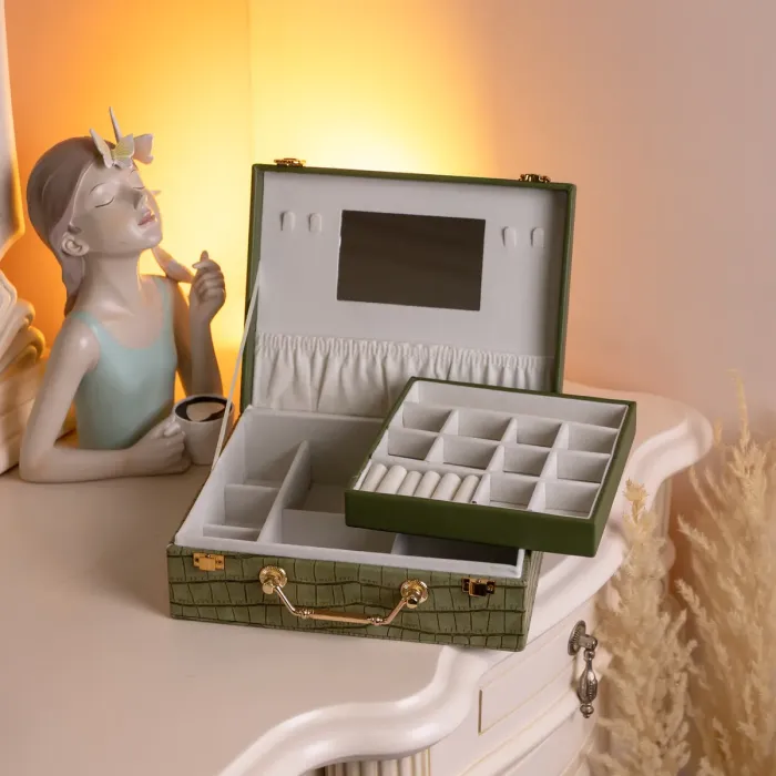 Скринька для прикрас з еко шкіри 19 відділень з дзеркалом 23.5×14×8 см Зелений HP-5-20GR (HP-5-20GR) - зображення 8