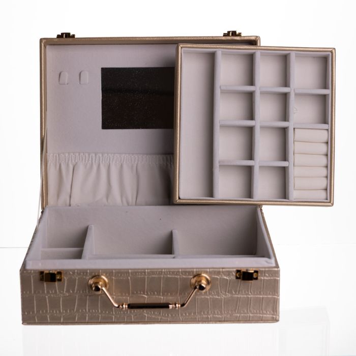 Скринька для прикрас з еко шкіри 19 відділень з дзеркалом 23.5×14×8 см Золотистий HP-5-20GOLD (HP-5-20GOLD) - изображение 3