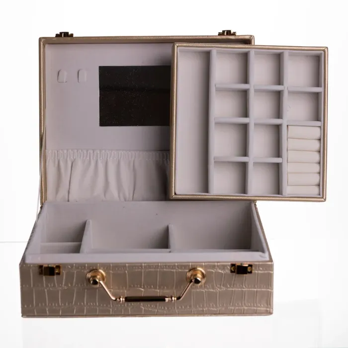 Скринька для прикрас з еко шкіри 19 відділень з дзеркалом 23.5×14×8 см Золотистий HP-5-20GOLD (HP-5-20GOLD) - изображение 3