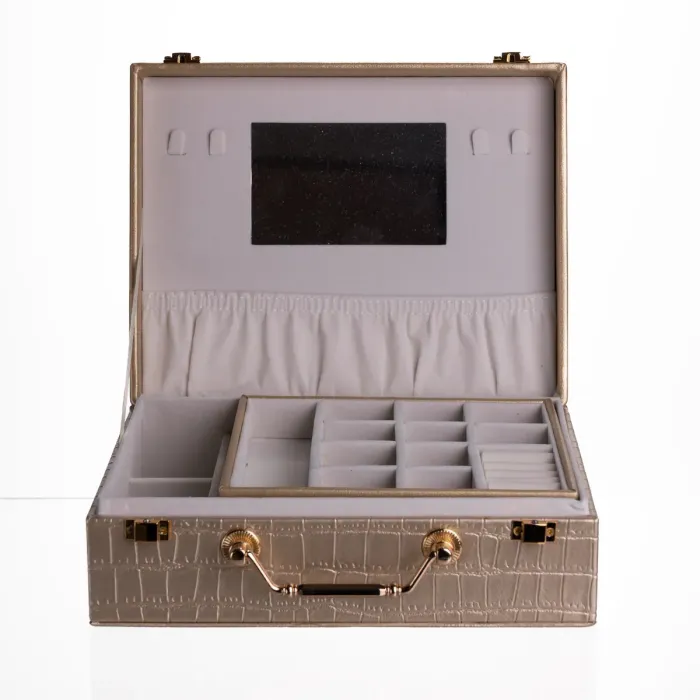 Скринька для прикрас з еко шкіри 19 відділень з дзеркалом 23.5×14×8 см Золотистий HP-5-20GOLD (HP-5-20GOLD) - изображение 5