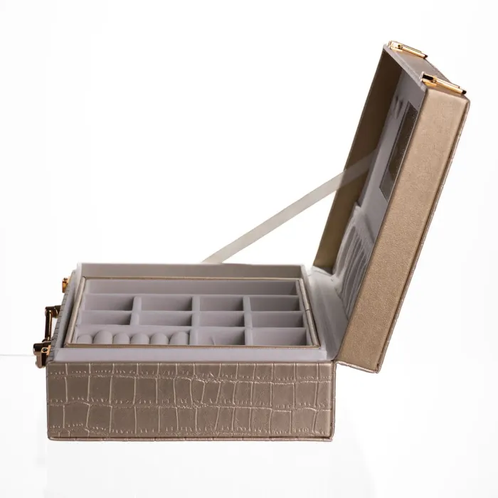 Скринька для прикрас з еко шкіри 19 відділень з дзеркалом 23.5×14×8 см Золотистий HP-5-20GOLD (HP-5-20GOLD) - изображение 6