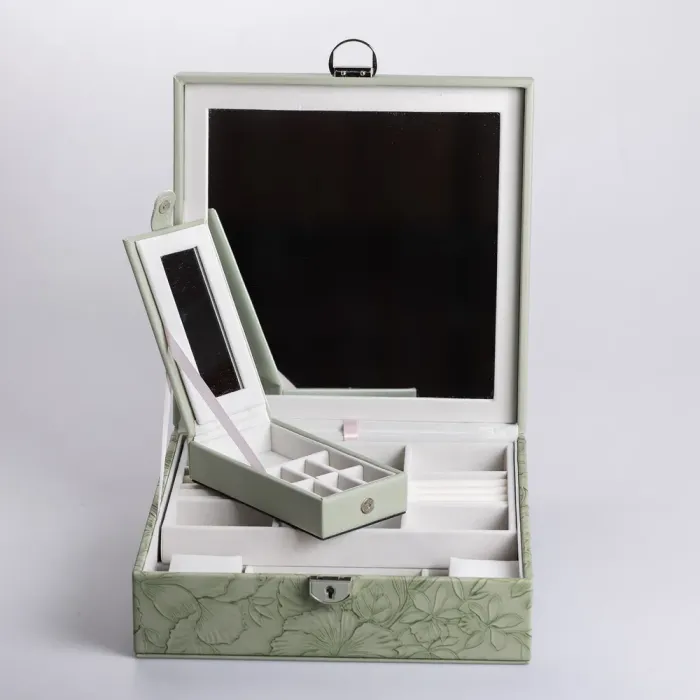 Скринька для прикрас з еко шкіри 2 яруси із замком органайзер для ювелірних виробів (HP-5-22GR) - зображення 3