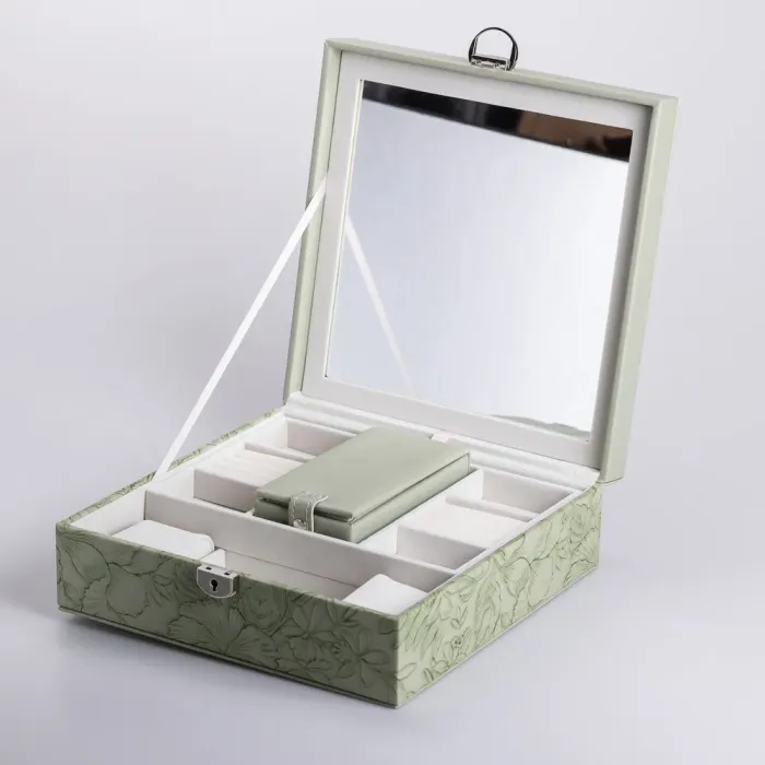 Скринька для прикрас з еко шкіри 2 яруси із замком органайзер для ювелірних виробів (HP-5-22GR) - зображення 7