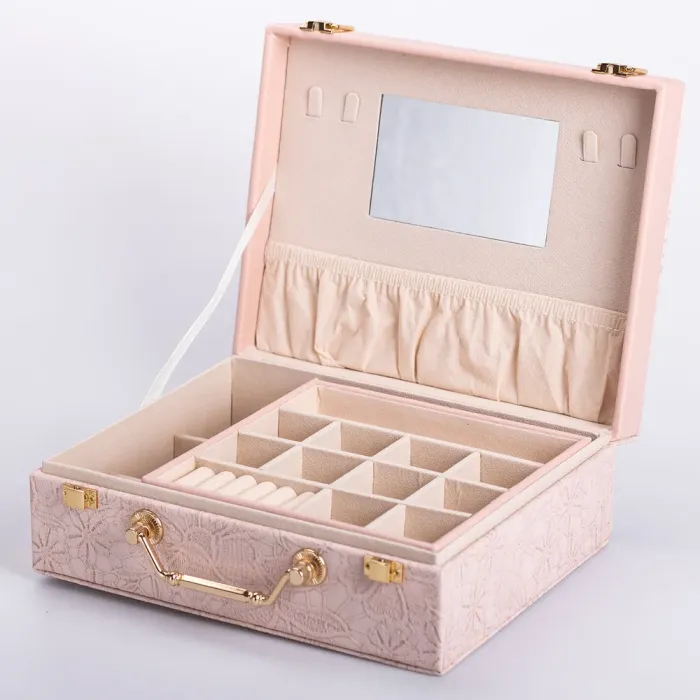 Скринька для прикрас з еко шкіри 2 яруси із дзеркалом органайзер для ювелірних виробів (HP-5-15P) - зображення 1