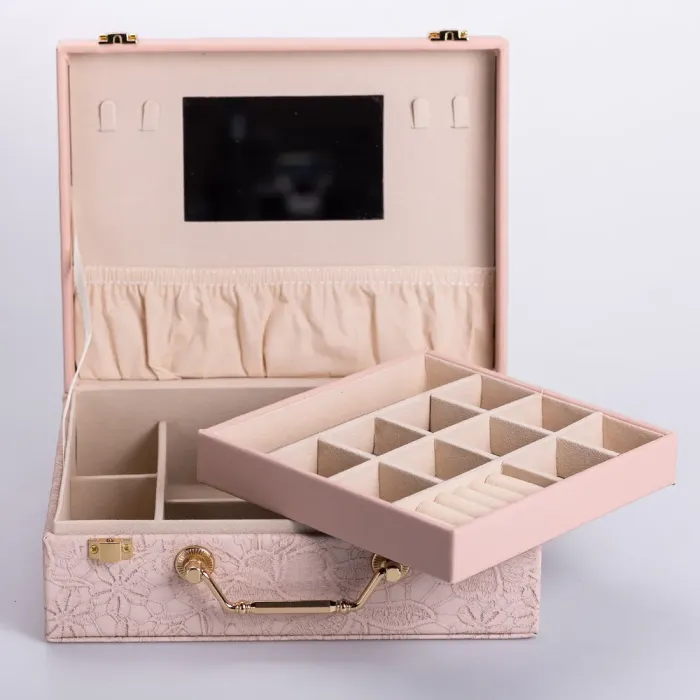 Скринька для прикрас з еко шкіри 2 яруси із дзеркалом органайзер для ювелірних виробів (HP-5-15P) - зображення 2