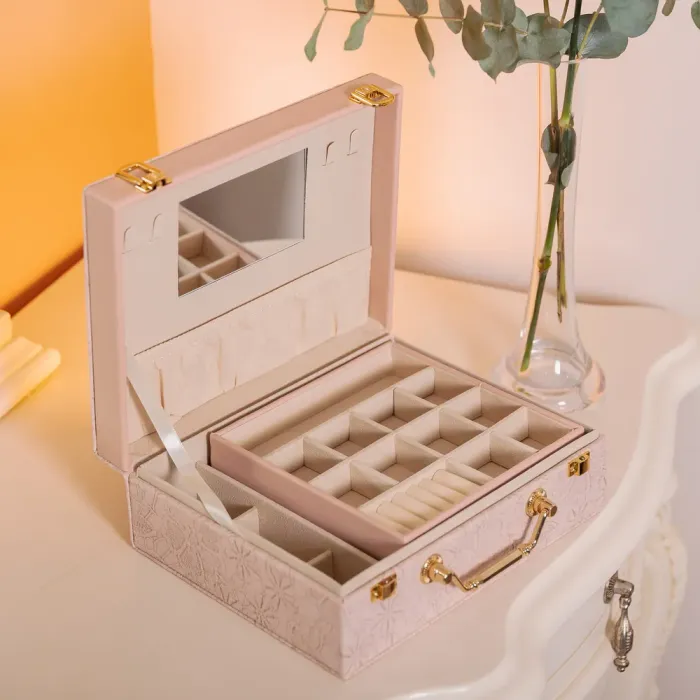 Скринька для прикрас з еко шкіри 2 яруси із дзеркалом органайзер для ювелірних виробів (HP-5-15P) - зображення 7