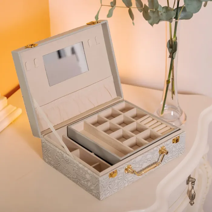 Скринька для прикрас з еко шкіри 2 яруси із дзеркалом органайзер для ювелірних виробів (HP-5-15G) - зображення 7