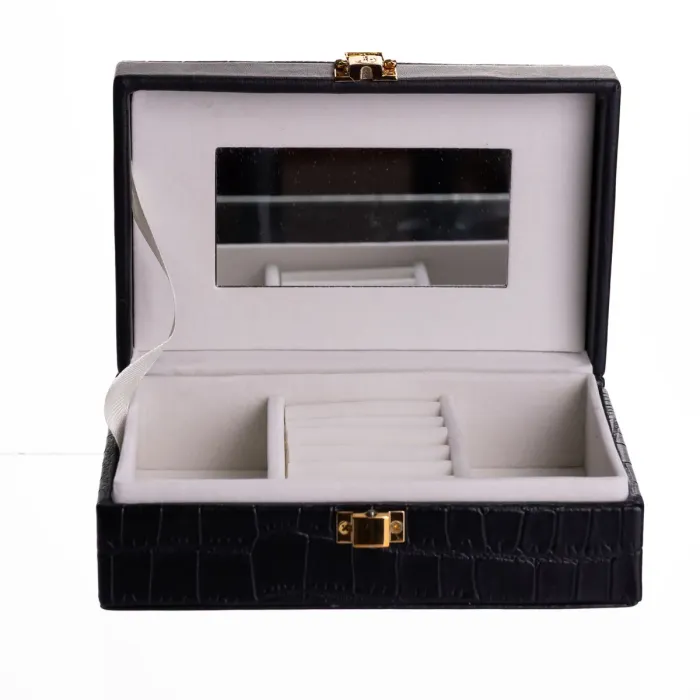 Скринька для прикрас з еко шкіри 3 відділення з дзеркалом 16×10×6 см Чорний HP-5-18B (HP-5-18B) - зображення 2