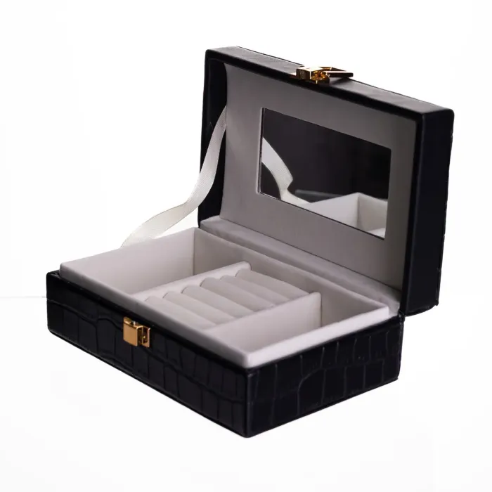 Скринька для прикрас з еко шкіри 3 відділення з дзеркалом 16×10×6 см Чорний HP-5-18B (HP-5-18B) - зображення 3
