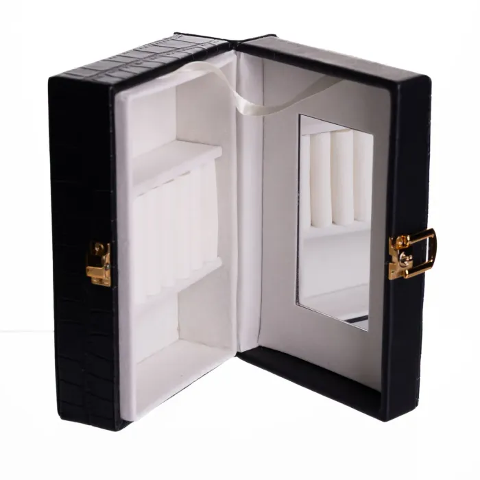 Скринька для прикрас з еко шкіри 3 відділення з дзеркалом 16×10×6 см Чорний HP-5-18B (HP-5-18B) - зображення 4