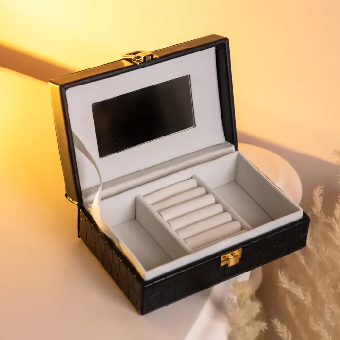 Скринька для прикрас з еко шкіри 3 відділення з дзеркалом 16×10×6 см Чорний HP-5-18B (HP-5-18B) - зображення 5