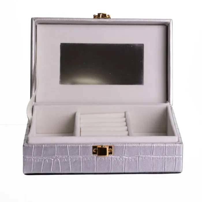 Скринька для прикрас з еко шкіри 3 відділення з дзеркалом 16×10×6 см Сірий HP-5-18G (HP-5-18G) - зображення 2