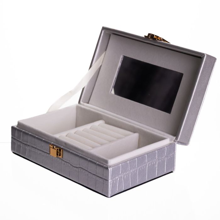 Скринька для прикрас з еко шкіри 3 відділення з дзеркалом 16×10×6 см Сірий HP-5-18G (HP-5-18G) - изображение 3
