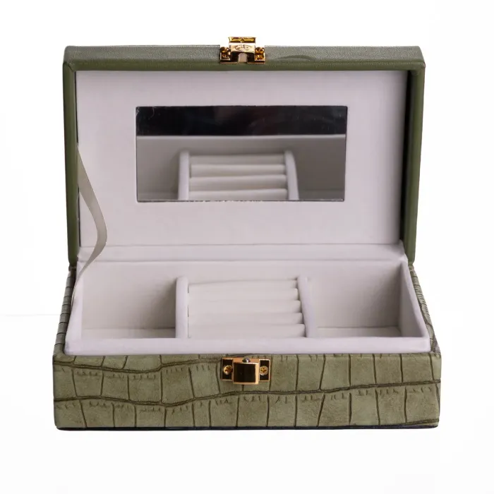 Скринька для прикрас з еко шкіри 3 відділення з дзеркалом 16×10×6 см Зелений HP-5-18GR (HP-5-18GR) - зображення 2