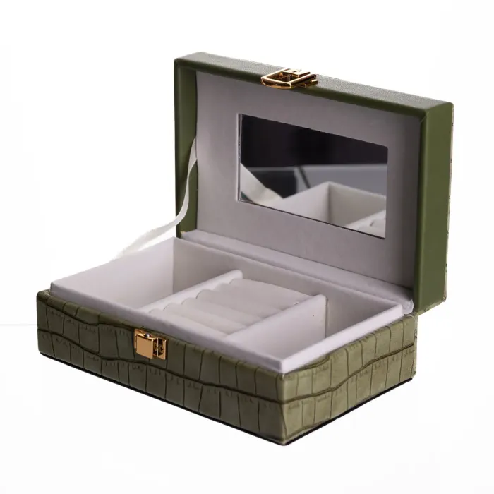 Скринька для прикрас з еко шкіри 3 відділення з дзеркалом 16×10×6 см Зелений HP-5-18GR (HP-5-18GR) - зображення 3