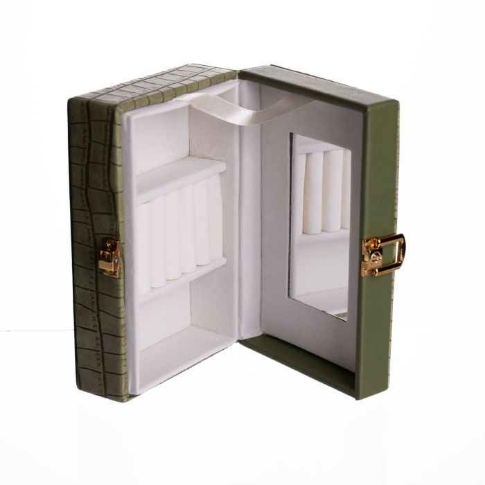 Скринька для прикрас з еко шкіри 3 відділення з дзеркалом 16×10×6 см Зелений HP-5-18GR (HP-5-18GR) - изображение 4