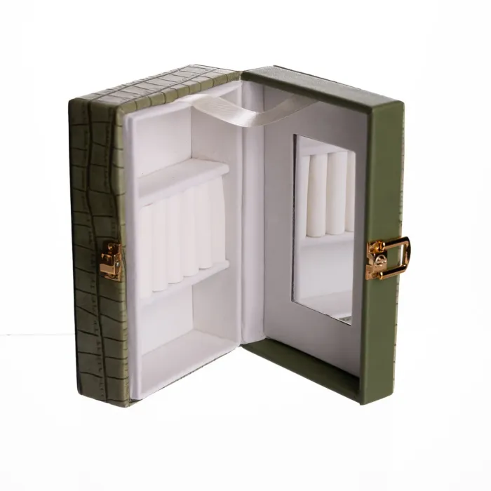 Скринька для прикрас з еко шкіри 3 відділення з дзеркалом 16×10×6 см Зелений HP-5-18GR (HP-5-18GR) - зображення 4