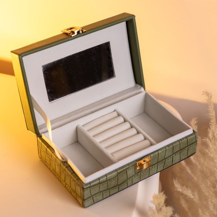 Скринька для прикрас з еко шкіри 3 відділення з дзеркалом 16×10×6 см Зелений HP-5-18GR (HP-5-18GR) - изображение 5