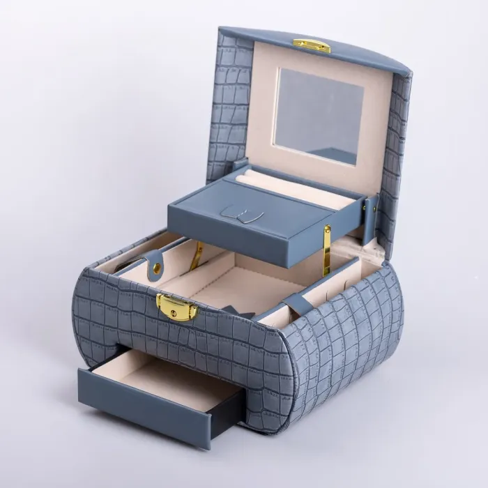 Скринька для прикрас з еко шкіри 3 яруси із замком органайзер для ювелірних виробів (HP-5-21BL) - изображение 2