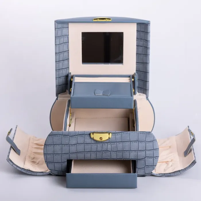 Скринька для прикрас з еко шкіри 3 яруси із замком органайзер для ювелірних виробів (HP-5-21BL) - изображение 3