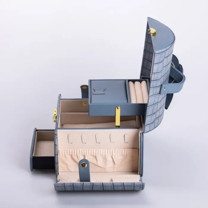 Скринька для прикрас з еко шкіри 3 яруси із замком органайзер для ювелірних виробів (HP-5-21BL) - изображение 7