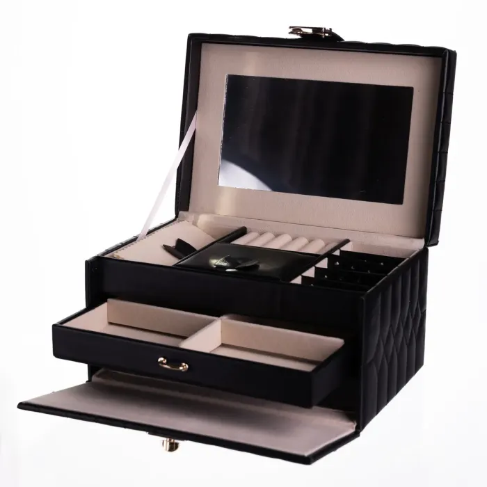 Скринька для прикрас з еко шкіри 3 яруси з дзеркалом органайзер для ювелірних виробів Чорний Yiwu HP-5-17B (HP-5-17B) - зображення 2