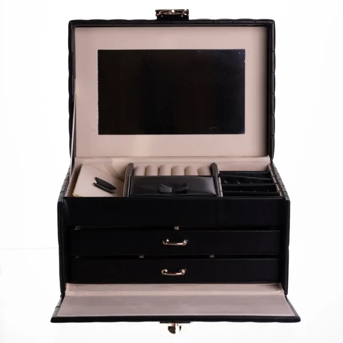 Скринька для прикрас з еко шкіри 3 яруси з дзеркалом органайзер для ювелірних виробів Чорний Yiwu HP-5-17B (HP-5-17B) - зображення 3
