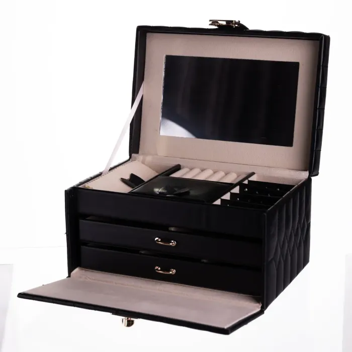 Скринька для прикрас з еко шкіри 3 яруси з дзеркалом органайзер для ювелірних виробів Чорний Yiwu HP-5-17B (HP-5-17B) - зображення 4