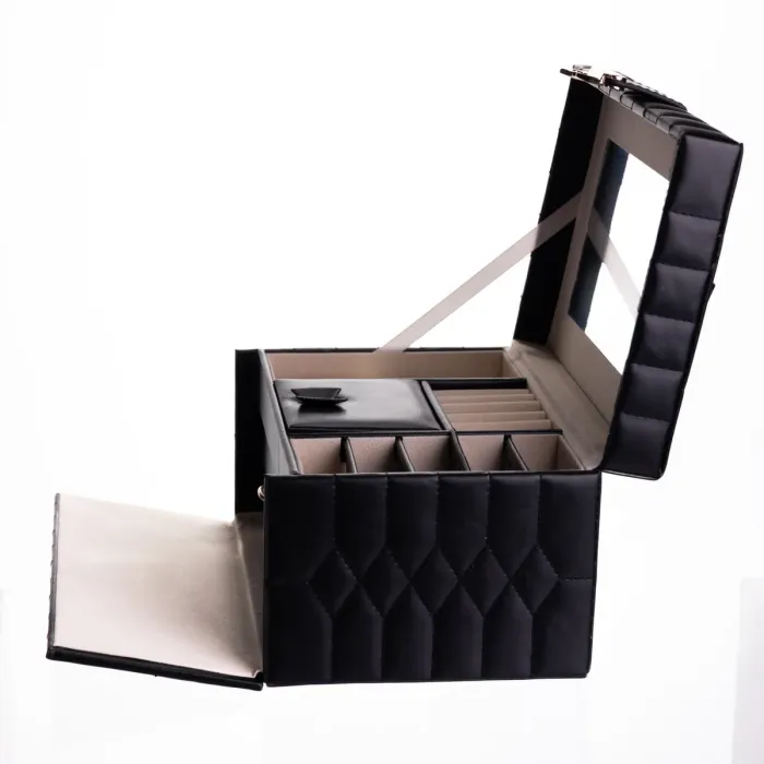Скринька для прикрас з еко шкіри 3 яруси з дзеркалом органайзер для ювелірних виробів Чорний Yiwu HP-5-17B (HP-5-17B) - зображення 5