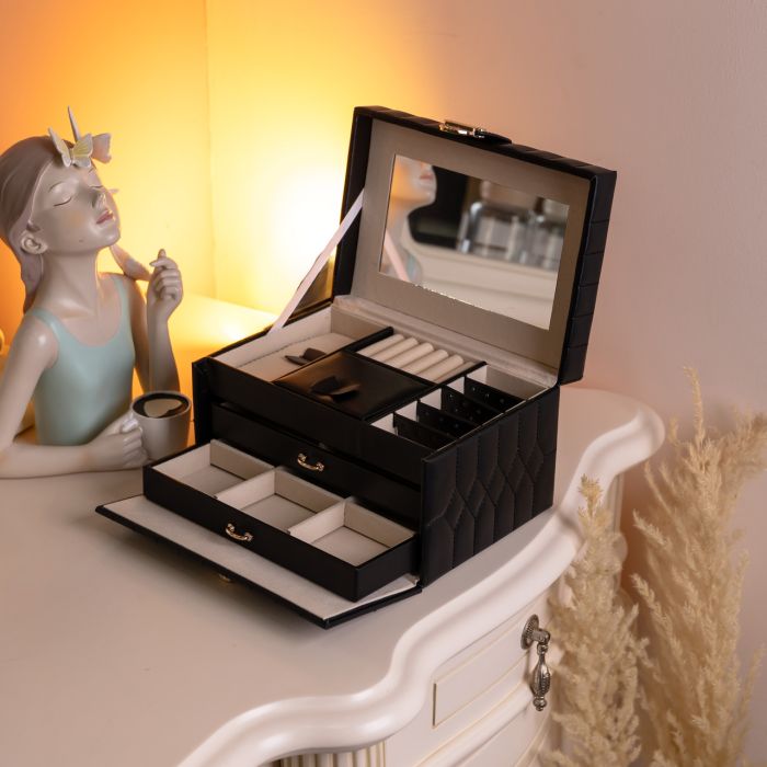 Скринька для прикрас з еко шкіри 3 яруси з дзеркалом органайзер для ювелірних виробів Чорний Yiwu HP-5-17B (HP-5-17B) - изображение 6