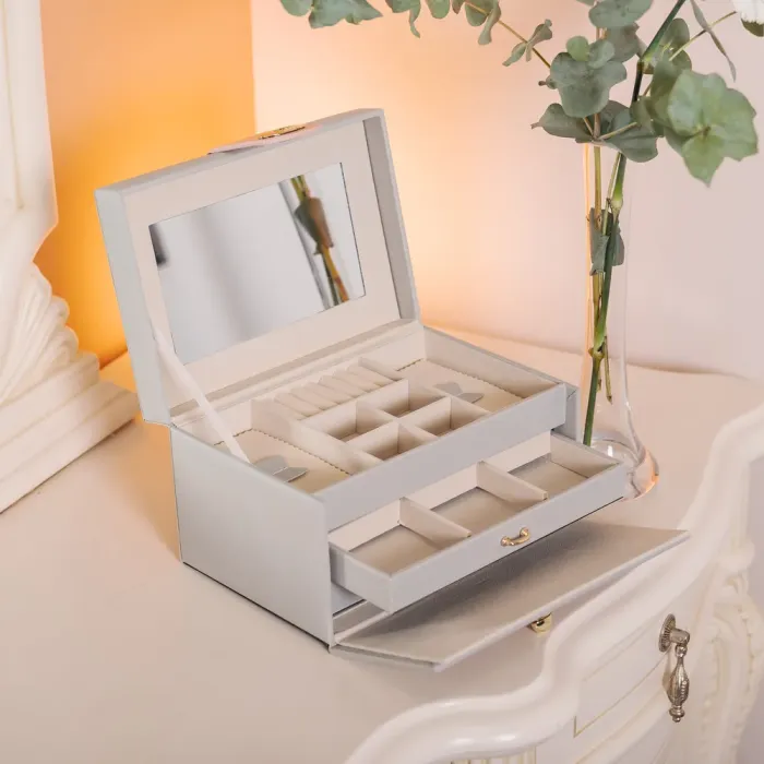 Скринька для прикрас з еко шкіри 3 яруси з дзеркалом органайзер для ювелірних виробів (HP-5-17G) - изображение 9