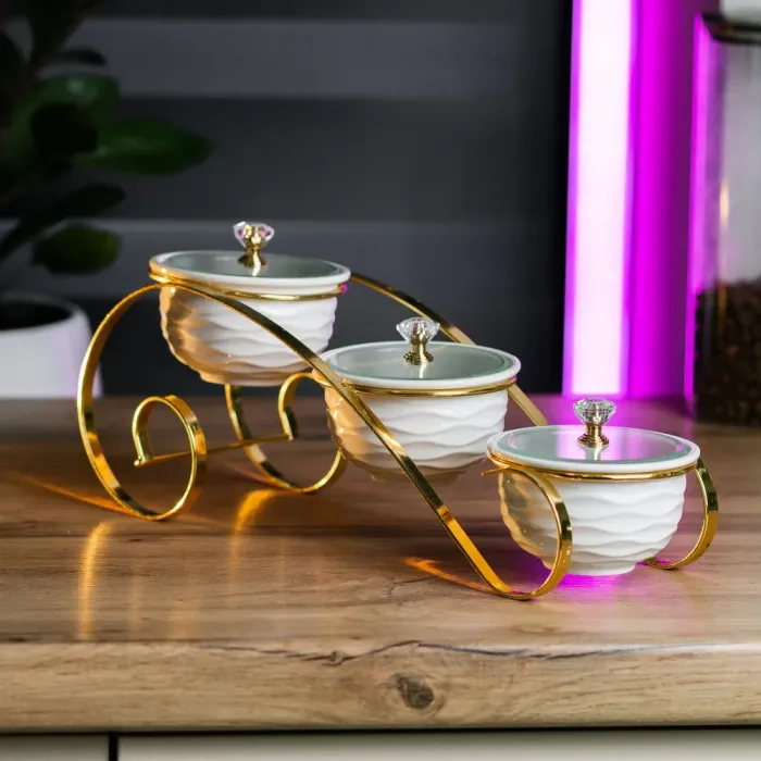 Соусницы набор 3 шт по 180 мл керамические соусники на металлической подставке с крышками. - изображение 1