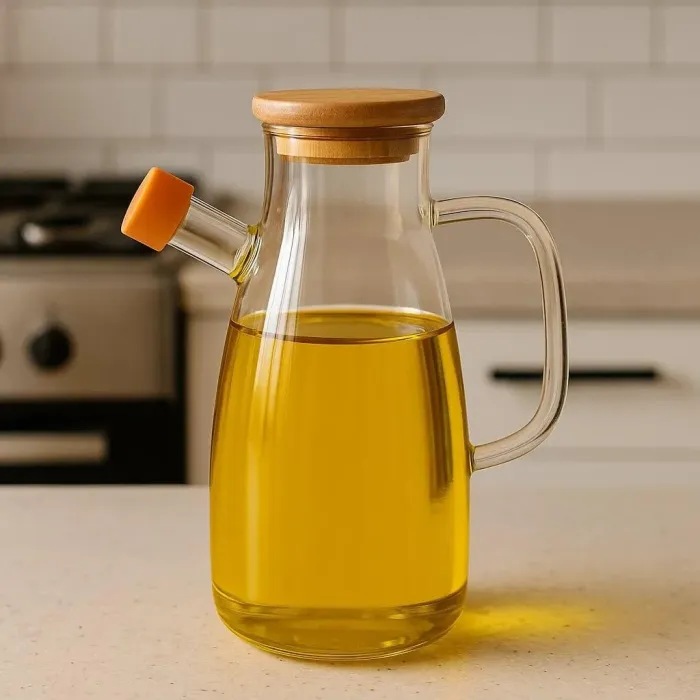 Скляна пляшка для олії та оцту з носиком і дозатором 650 мл, кришка з дерева, квадратна ручка HP-34-1-650 (HP-34-1-650) - зображення 1