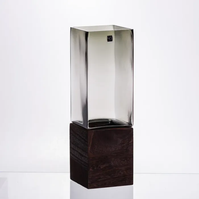 Скляна декоративна ваза квадратна, стильна ваза скло з деревом для квітів прозора HP-32-7 (HP-32-7) - зображення 1