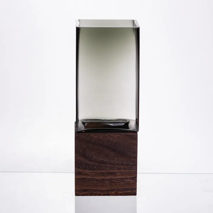 Скляна декоративна ваза квадратна, стильна ваза скло з деревом для квітів прозора HP-32-8 (HP-32-8) - зображення 3